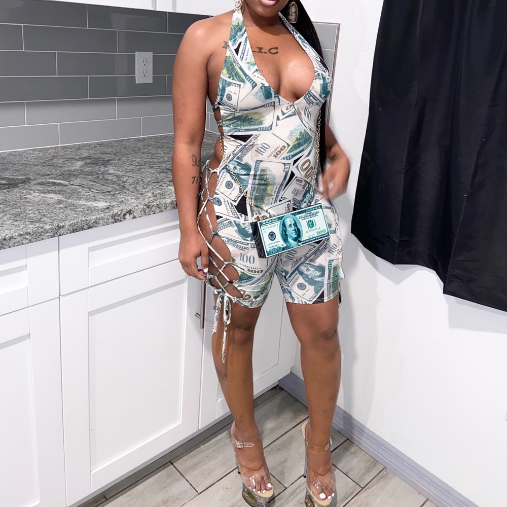 Money print one piece string up jump suit